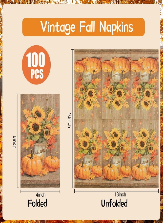 HiEnjoin 100PCS Fall Thanksgiving Napkins, Disposable Sunflower Pumpkin Paper Napkins for Thanksgiving Party Table Decorations - Image 2